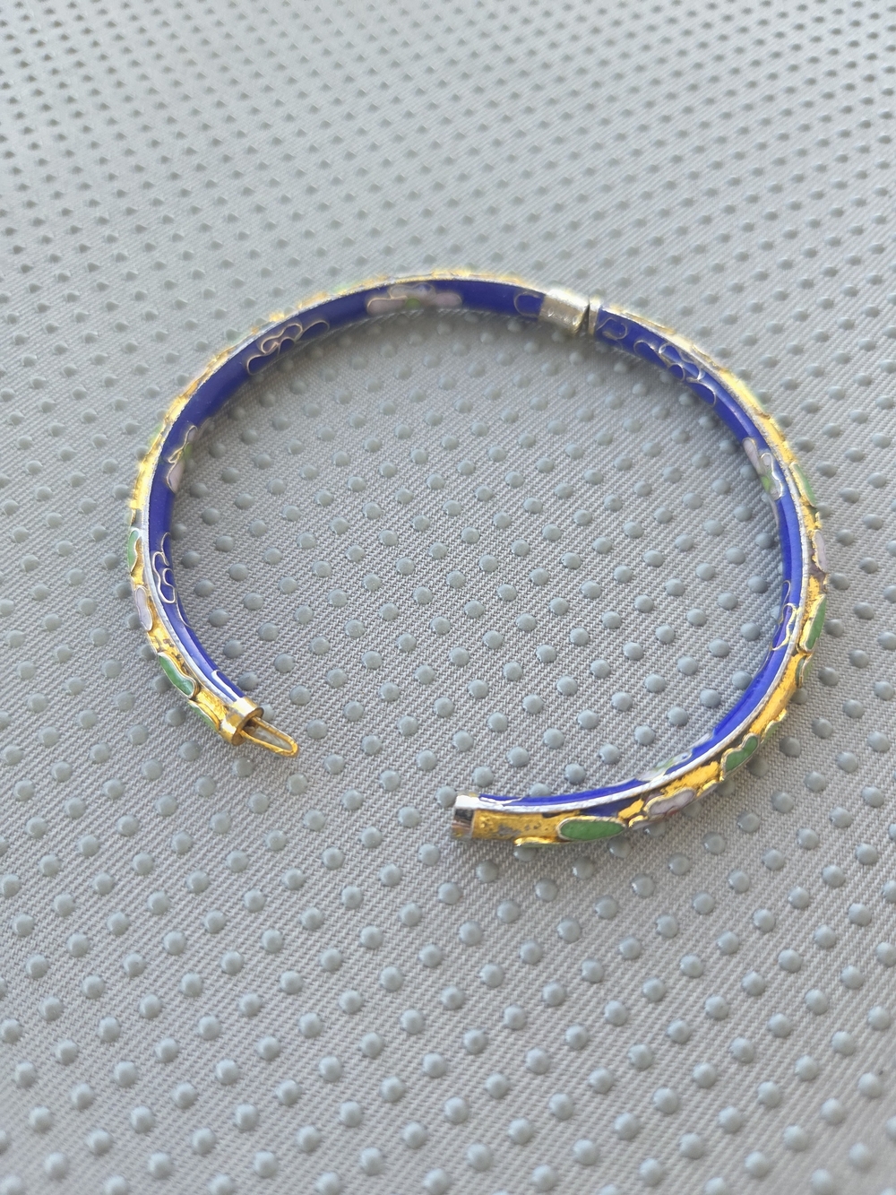 Gold-Tone Blue Cloisonné Hinged Bangle Bracelet with Green Accents